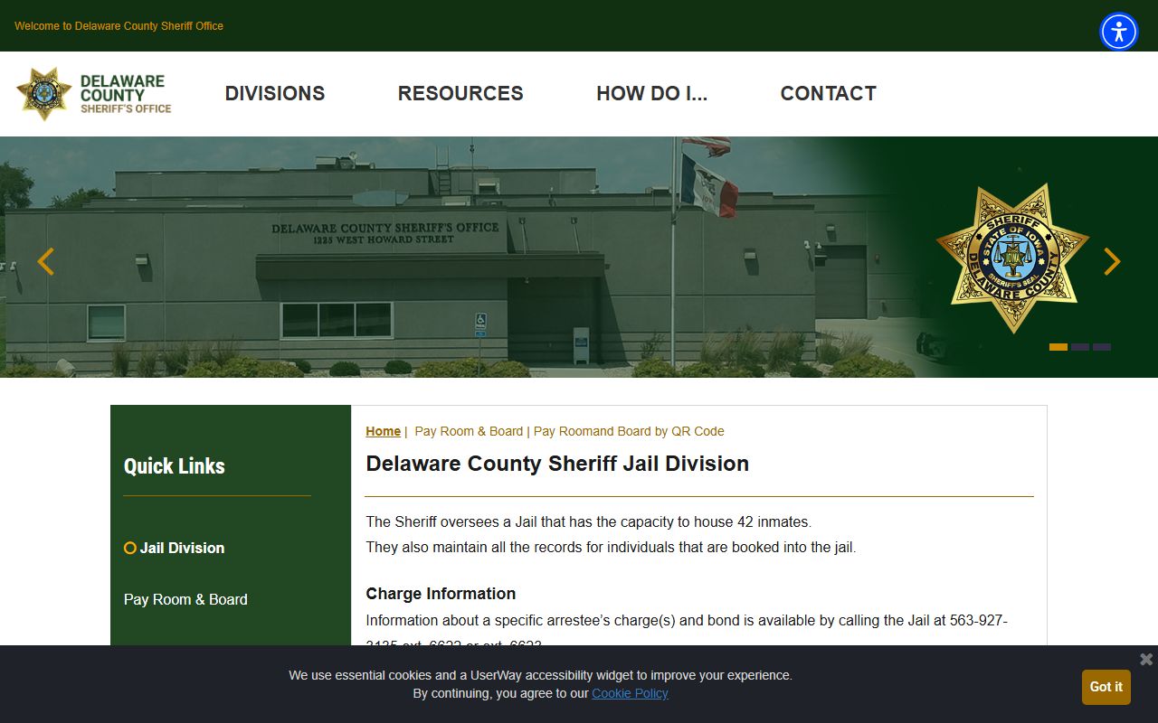 Delaware County Jail division page with inmate lookup and capacity details