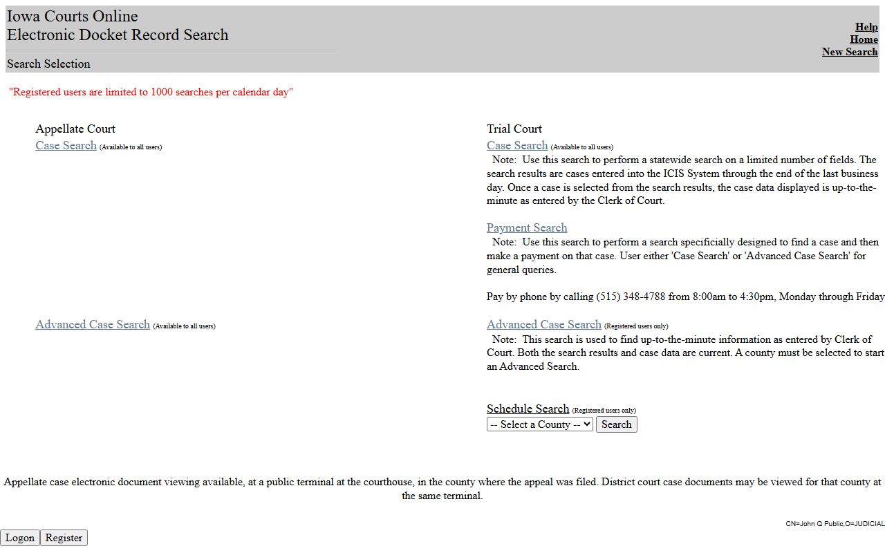 Iowa Courts Online search for Delaware County court records after arrest